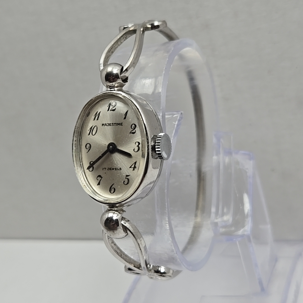 Womens Majestime Manual Wind Silver Cuff Watch Vintage Style Classic Runs - Picture 2 of 10